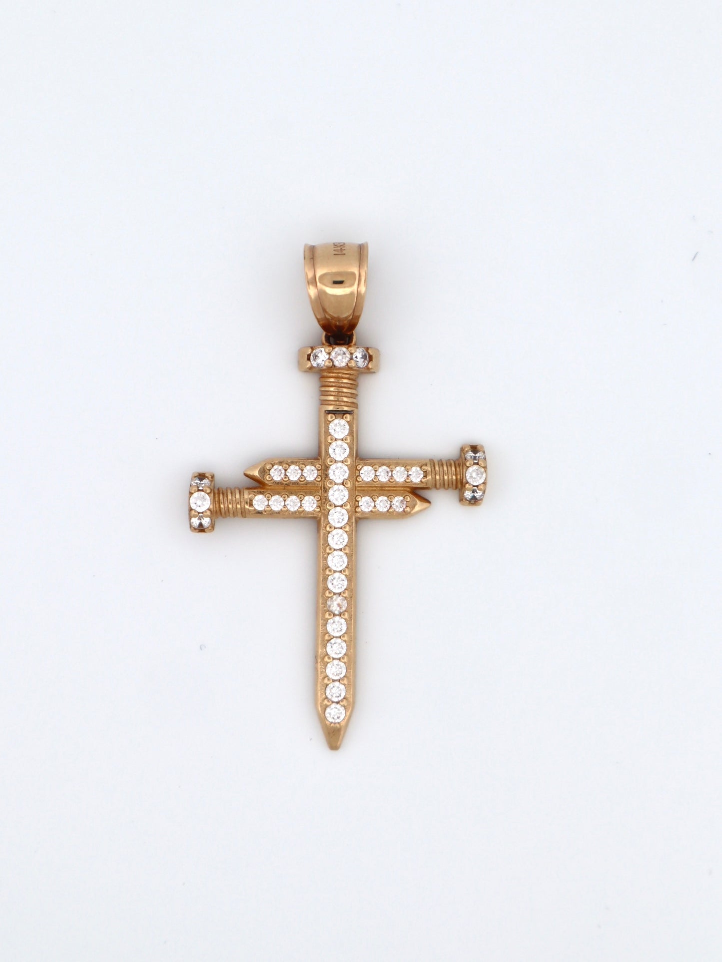 14k Gold Cz Nail Cross Pendant